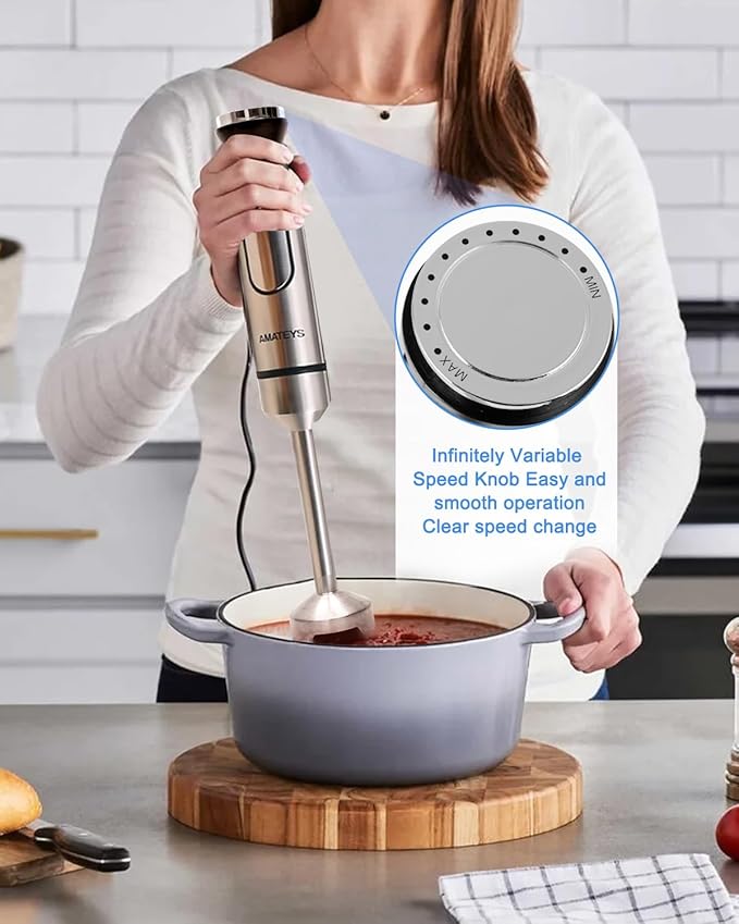 Amateys Handblender with Plug,Immersion Blender Handheld, Heavy-Duty Copper Motor, Detachable Stainless Blade Dishwasher Safe, 2 Modes with Pulse,Infinitely Variable Speed, Space-Saving Design