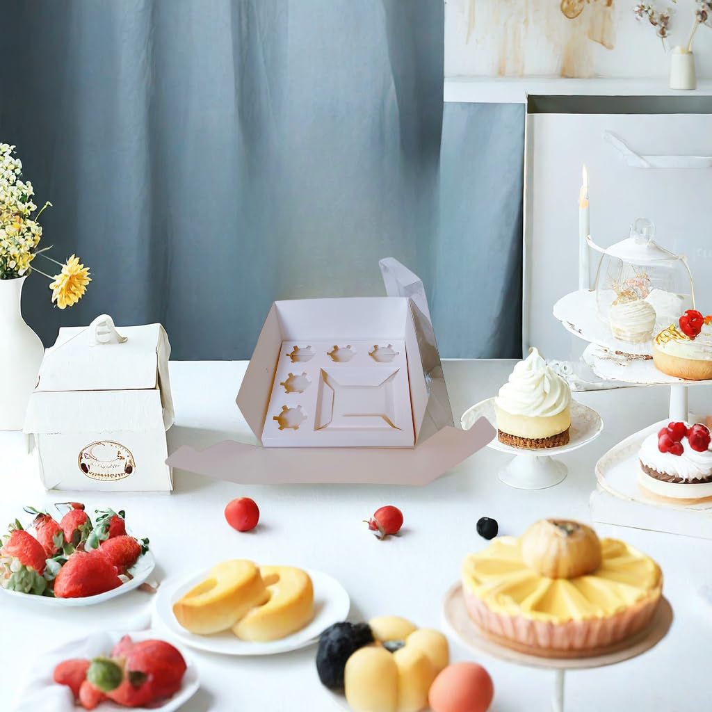 SAHROO Bento Cake Box - Easy to Assemble White 4-inch Cake and 5 Cupcakes Box With Insert - 5 Sets Base for Family Birthday Party Mother's Day