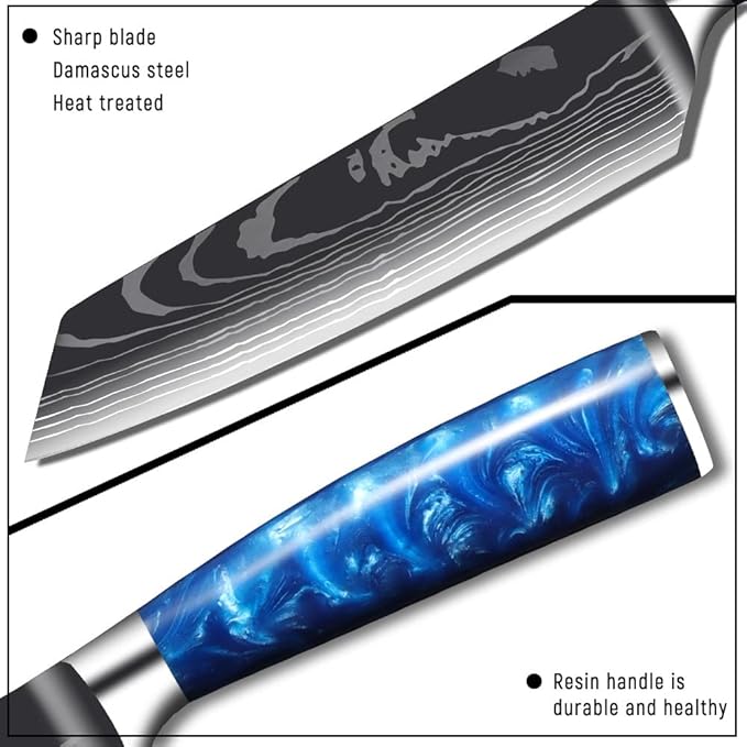 FIVE COWS 8-Piece Premium Japanese Kitchen Knife Set - Star Collection, Laser Damascus Pattern, 440A Stainless Steel Ultra Sharp for Fast Cutting (Blue 8J)