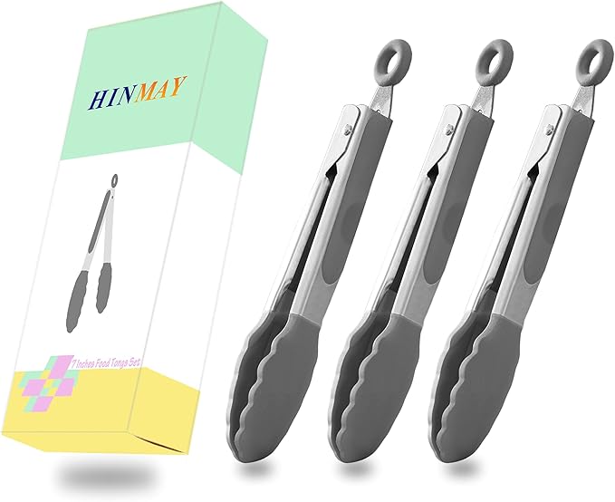 HINMAY Small Serving Tongs with Silicone Tips 7 Inch Mini Stainless Steel Food Tongs, Set of 3 (Gray)