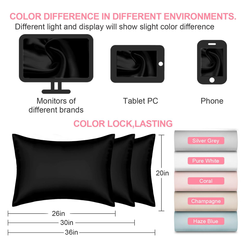 Silk Pillow Cases 2 Pack King Size with Hidden Zipper, Mulberry Silk Pillowcase for Hair and Skin, Smooth and Soft Breathable Cooling Silk Satin Pillowcase Set of 2, Gifts for Women，Black