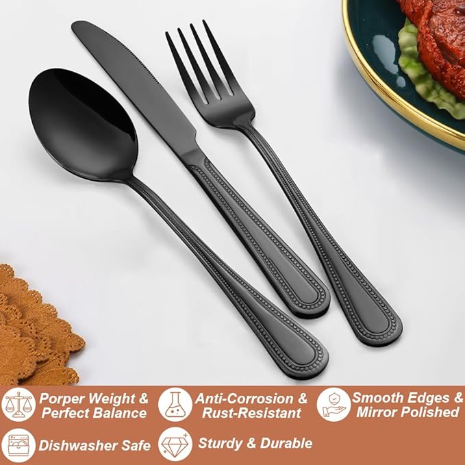 20 Pcs Black Silverware Set for 4, Food Grade Stainless Steel Flatware Set, Eating Utensils Sets Include Fork/Knife/Spoon, Reusable Cutlery Set for Home Kitchen, Dishwasher Safe, Pearl-edged