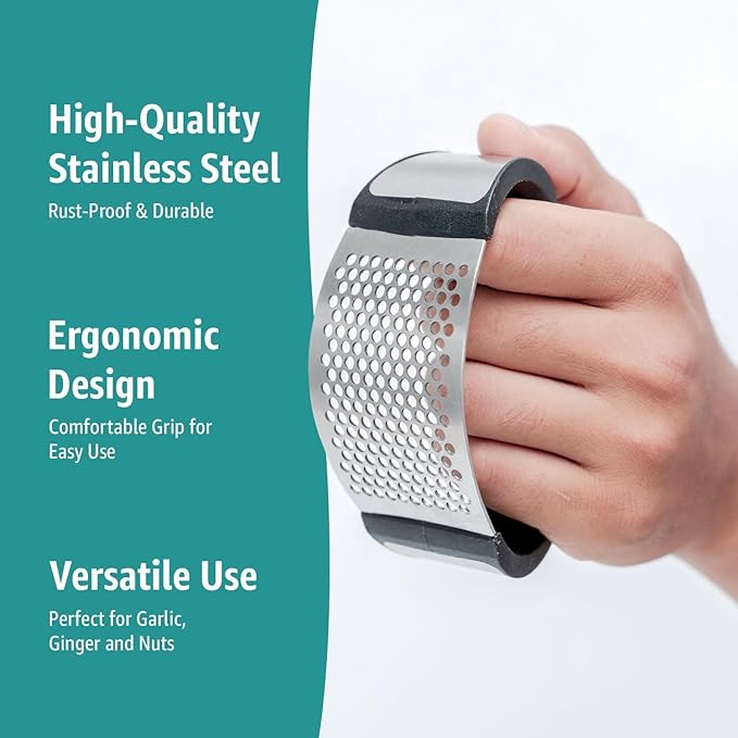 Garlic Press Rocker – Stainless Steel Garlic Mincer, Crusher & Chopper Tool with Peeler, Spatula & Brush – Easy-Press Garlic Press for Mincing Cloves, Ginger & Nuts, Comfortable Ergonomic Handle