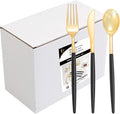 I00000 144Pcs Black Plastic Silverware Set, Gold Utensils with Black Handle