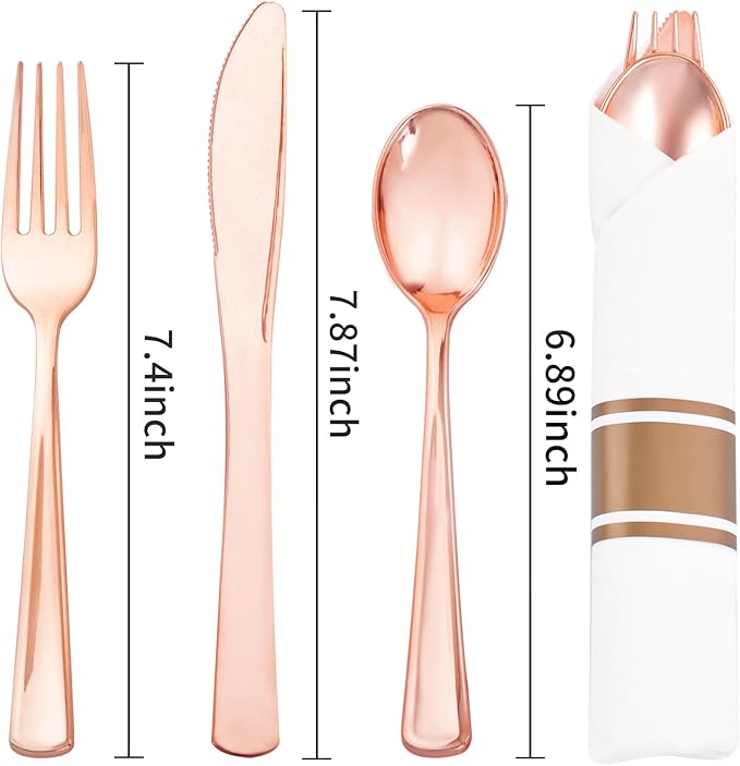 Liacere 100Pack Rose Gold Plastic Silverware - Pre Rolled Napkins with Rose Gold Cutlery - Wrapped Silverware Set Disposable100 Forks Knives Spoons Wrapped Utensils for Wedding ＆ Party