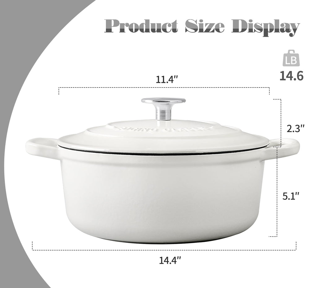 EDGING CASTING Cast Iron Dutch Oven With Lid Round Pot Enameled Covered for Bread Baking, 7 Quart, White