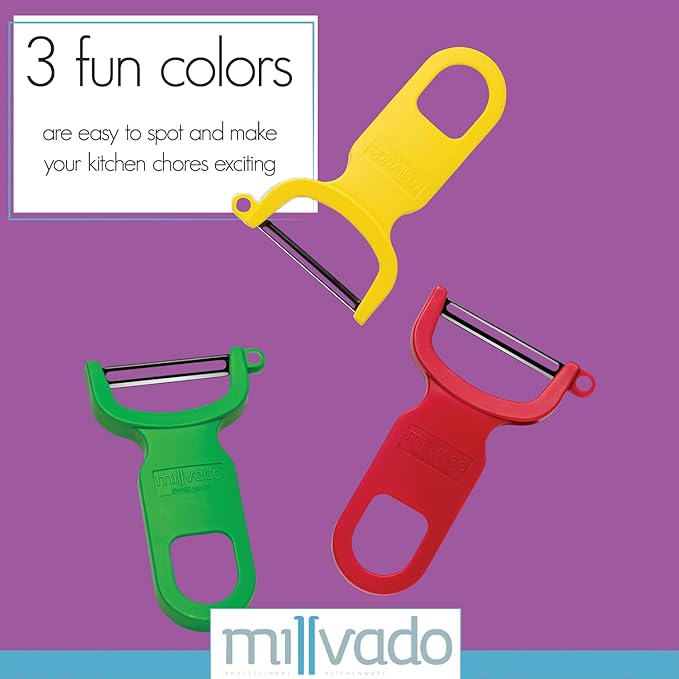 Millvado Vegetable Peeler, Swiss Made Sharp Peelers for Kitchen, Set of 3, Y Peeler for Potatoes, Vegetables, Fruits, Carbon Blade, 4.25 Inches, Green, Red, Yellow, M-5101-G-R-Y