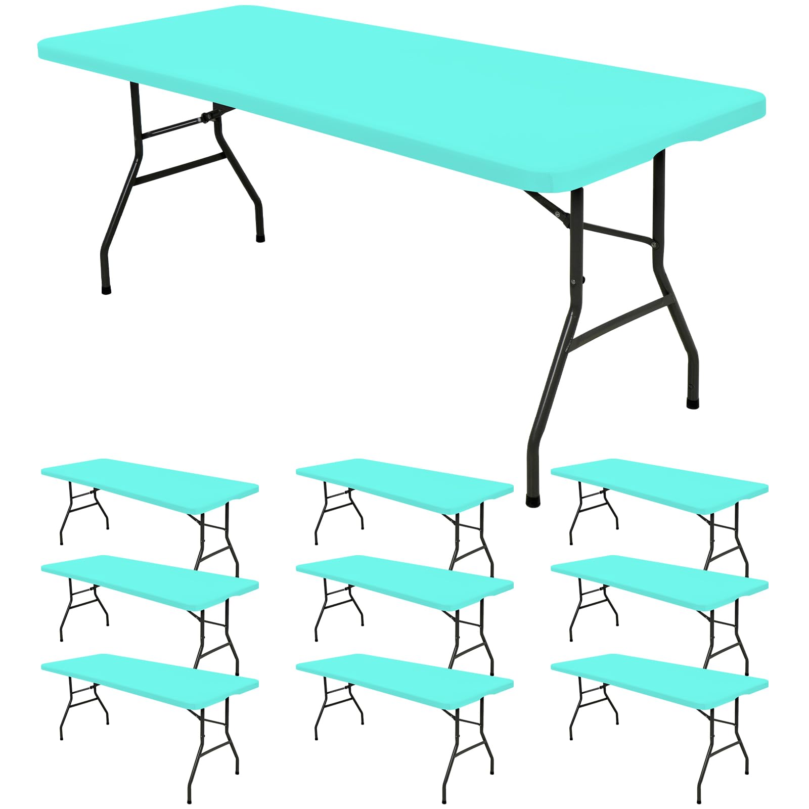 10 Pack Fitted Tablecloth for 6 Foot Rectangle Tables, Aqua Blue Elastic Outdoor Picnic Table Cover, Washable Stretch Folding Table Cloths 6 ft for Camping Party Patio Kitchen Banquet, 30" W x 72" L