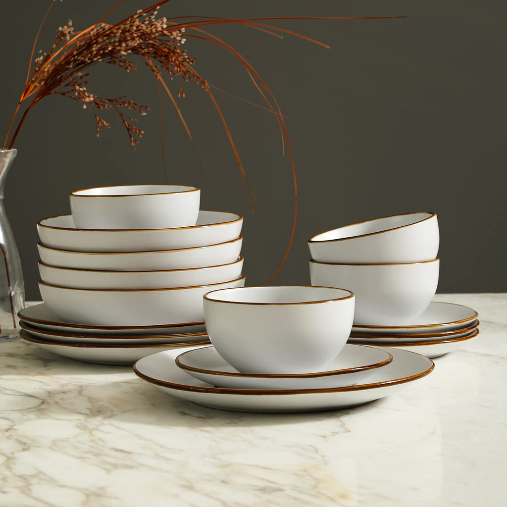 Stone Lain Brasa Stoneware 16 Piece Modern Dinnerware Sets, Plates and Bowls Service for 4, White, Microwave & Dishwasher Safe