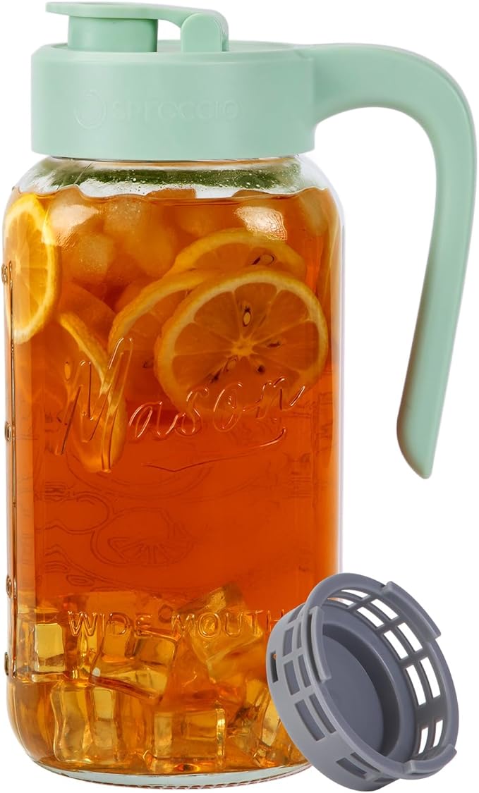 Spreccio Mason Jar Pitcher with Tea Filter, 64 oz Glass Pitcher with Lid