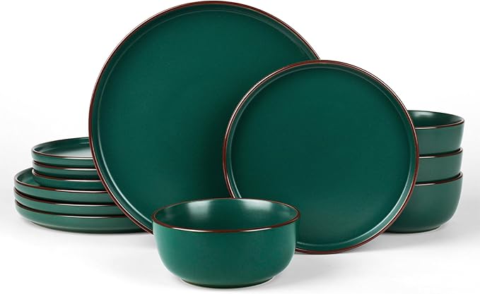 Famiware Mercury 12-Piece Stoneware Dinnerware Set, Dark Green