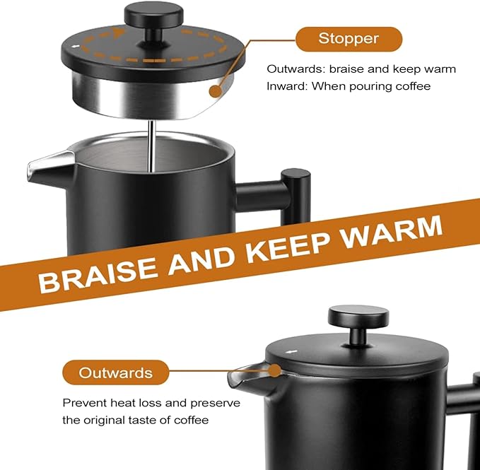 Coffito French Press Coffee Maker,Stainless Steel Double Wall Insulated Coffee Press 34 oz,4-8 Cups, Portable Hot Cold Brew Teapot Cafetera for Coffee Bar Accessories Kitchen Camping (Black,34oz)
