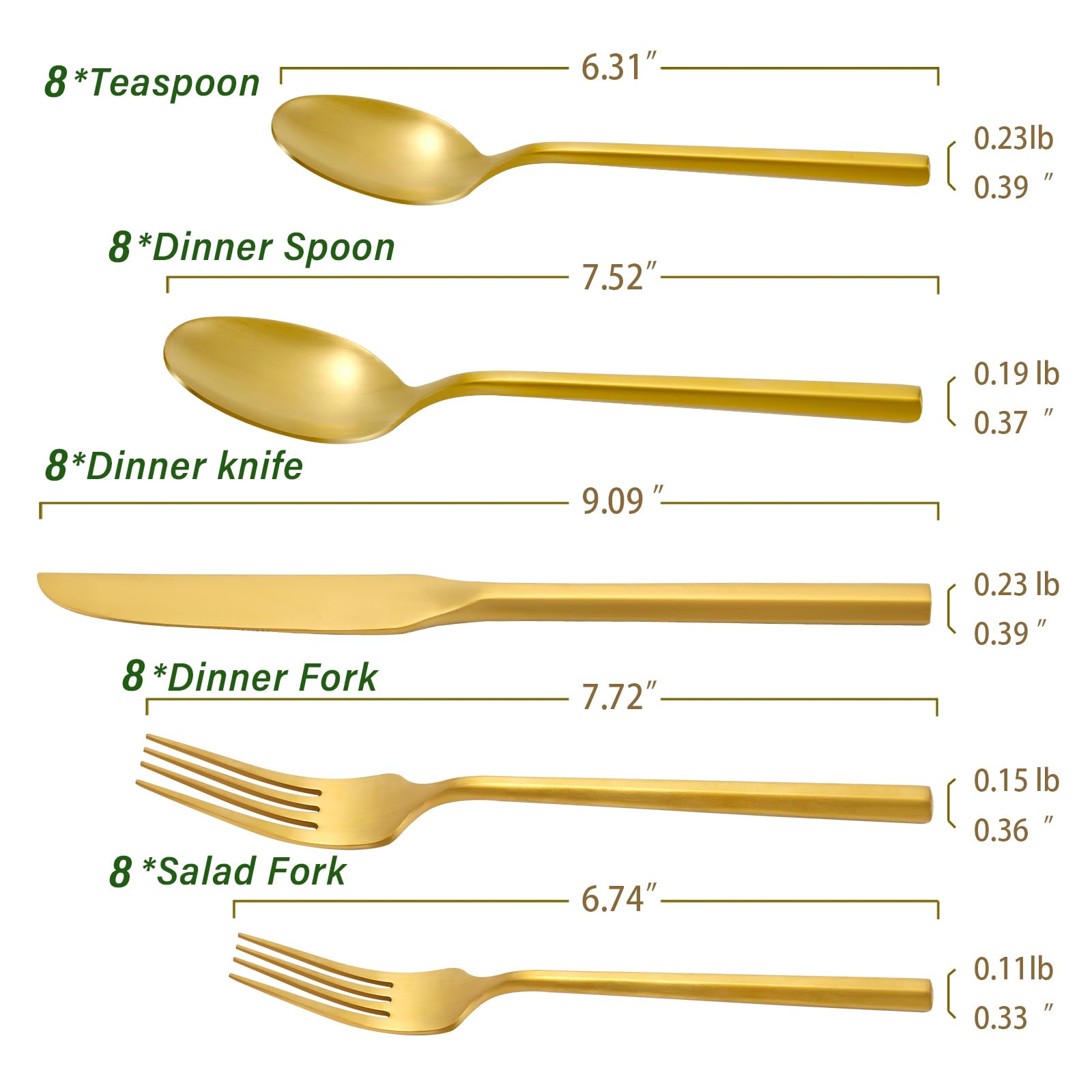 DEACORY Silverware Set with Serving Utensil Set Matte Gold Flatware Set Hand Forged Stainless Steel Cutlery Set 45 Pieces Matte Finished Hexagon Handle Service for 8, DE1004