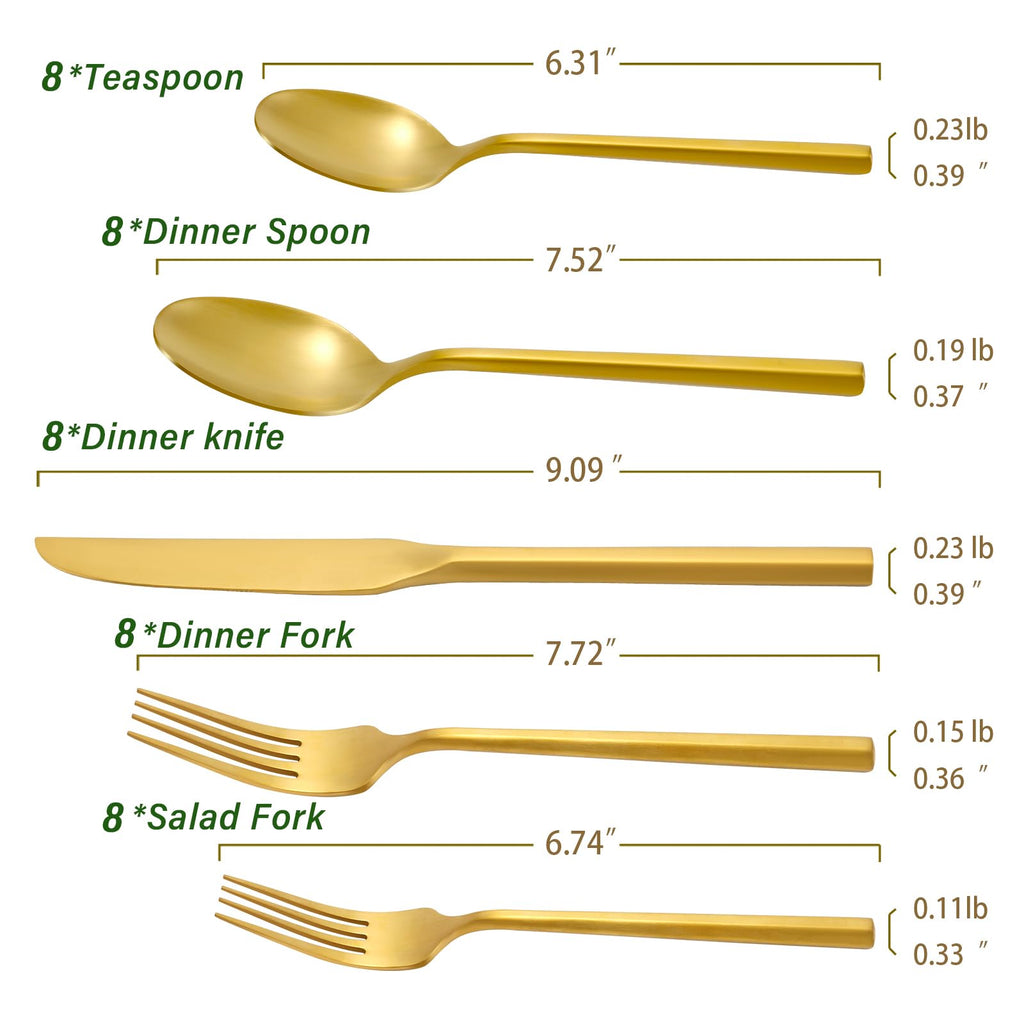 DEACORY Silverware Set with Serving Utensil Set Matte Gold Flatware Set Hand Forged Stainless Steel Cutlery Set 45 Pieces Matte Finished Hexagon Handle Service for 8, DE1004