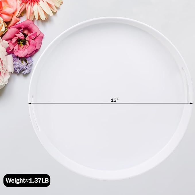SforGUVA Round White Decorative Serving Tray with Handles, 13” Versatile Ottoman Tray for Coffee Table, Entertaining, Outdoor Patio, Living Room