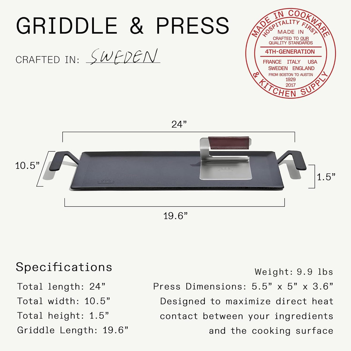Made In Cookware - Carbon Steel Griddle + Grill Press - Professional Cookware - Crafted in Sweden - Induction Compatible