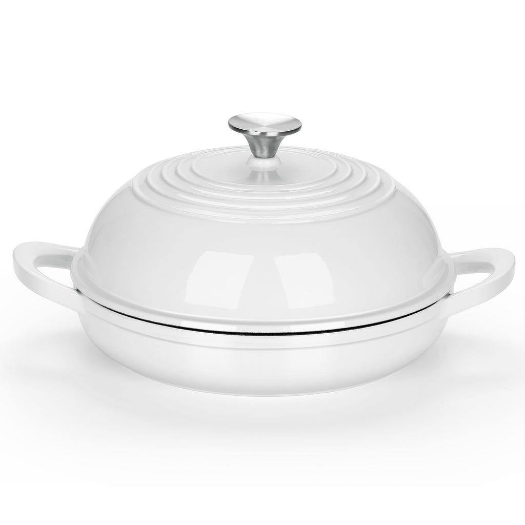 E-far Dutch Oven for Sourdough Bread Baking, 6 Qt Round Enameled Cast Iron Dutch Oven for Homemade Artisan Bread, Dome Lid & Shallow Base, Matte Black Interior & Durable, Oven-Safe to 500℉, White