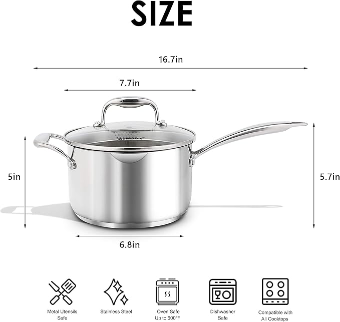 Rorence 3.7 Quart Stainless Steel Induction Sauce Pan with Lid