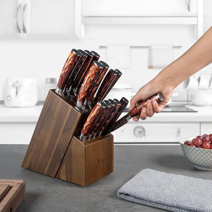 SENKEN 16-Piece Knife Block Set - Japanese High Carbon Stainless Steel with Damascus Pattern, Red Resin Handles, 6 Steak Knives & Acacia Hardwood Block (Red)