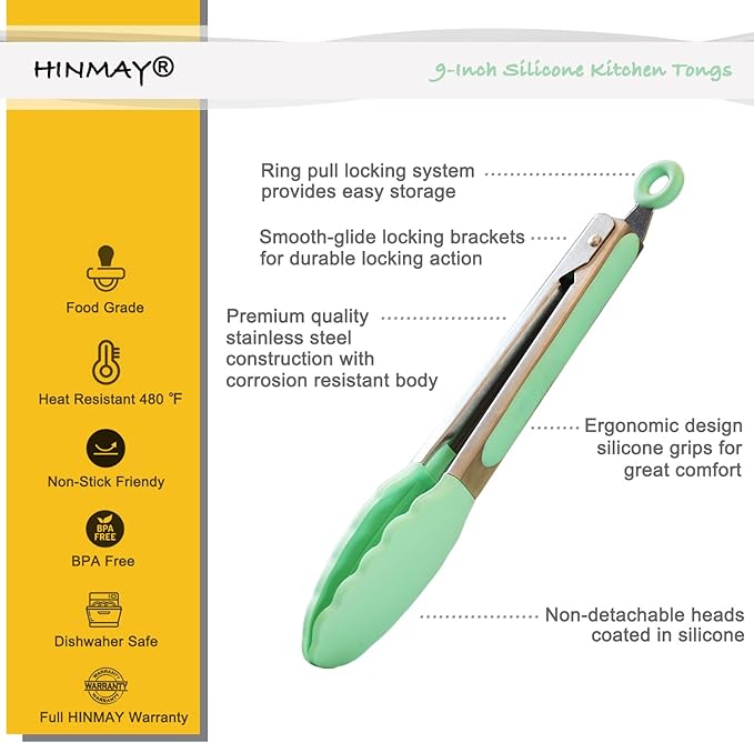 HINMAY 9" Kitchen Cooking Tongs with Silicone Tips, Set of 3 (Mint)