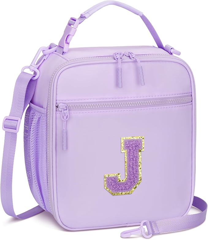 CLOUDWINGS Initial Insulated Lunch Bag for Girls Kids, Back to School Gift, Reusable Leak-proof Lunch Box with Adjustable Strap for School Daycare Travel Picnic (Purple,J)