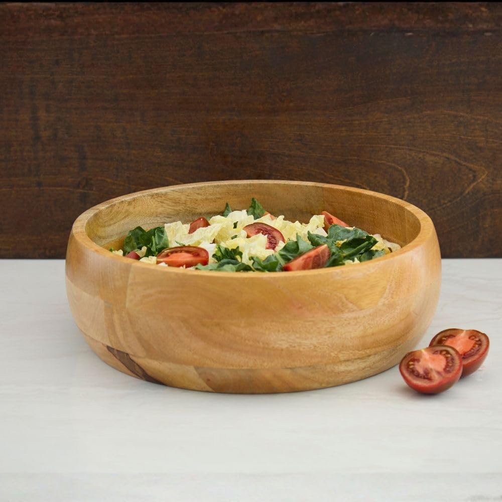 Wooden Salad Bowls for Serving Salad, Pasta and Fruit, Farmhouse Style, Natural Beige (Medium (13" Dia))