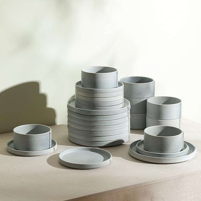 Stone Lain Bao 12-Piece Dinnerware Set Stoneware, Plates and Bowls Set, Dishwasher and Microwave Safe, Dish Set for 4, Blue-Grey