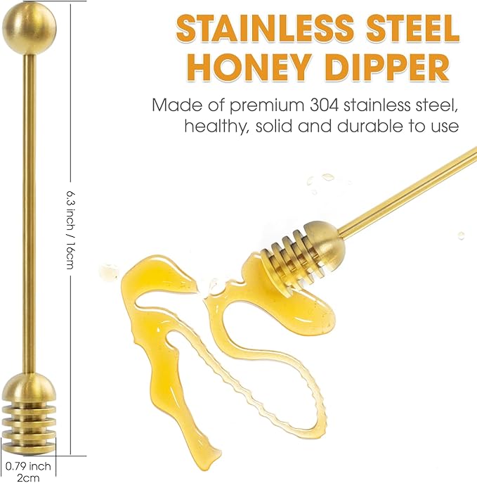 DUGATO Honey Dipper, 6.3 in Stainless Steel Server Stick, 2-Pack Gold Color
