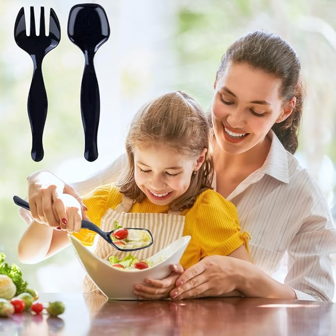 24Pcs Black Plastic Serving Utensils, Spoons Forks and Tongs Set