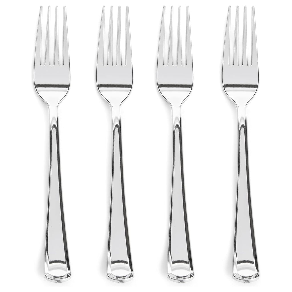 Prestee 300 Count Plastic Forks - 7 Inch Heavy Duty Disposable Silverware - Bulk Fancy Silver Fork Set for Table Decor - Durable Plastic Silverware for Parties, Events and Christmas Holidays