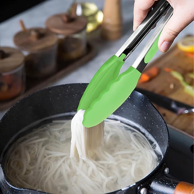 HINMAY Mini Tongs with Silicone Tips 7" Cooking Tongs, Set of 3 (Green)