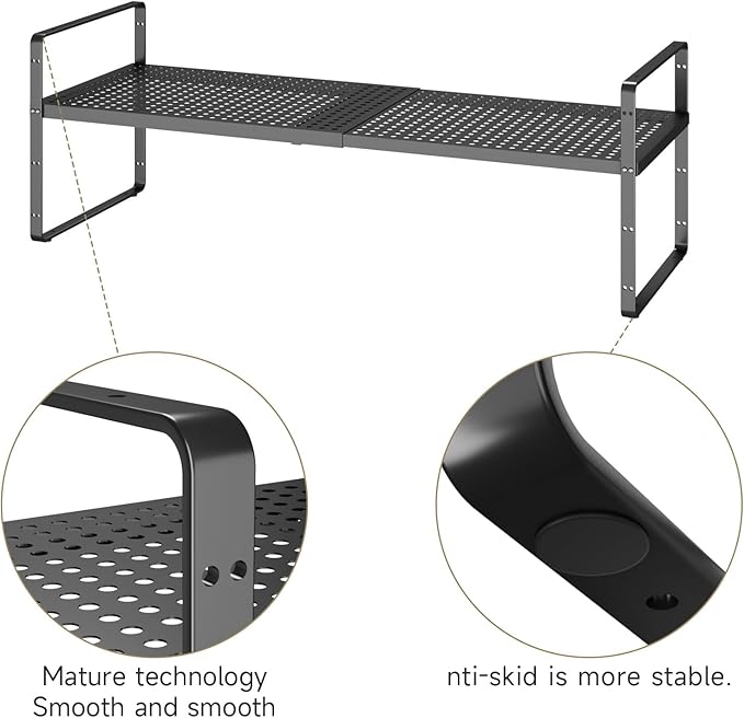taiheis 16.5~27.1" Expandable Shelf with Hole，1Pack 8.1" Wide Stackable Cabinet Shelves，Black
