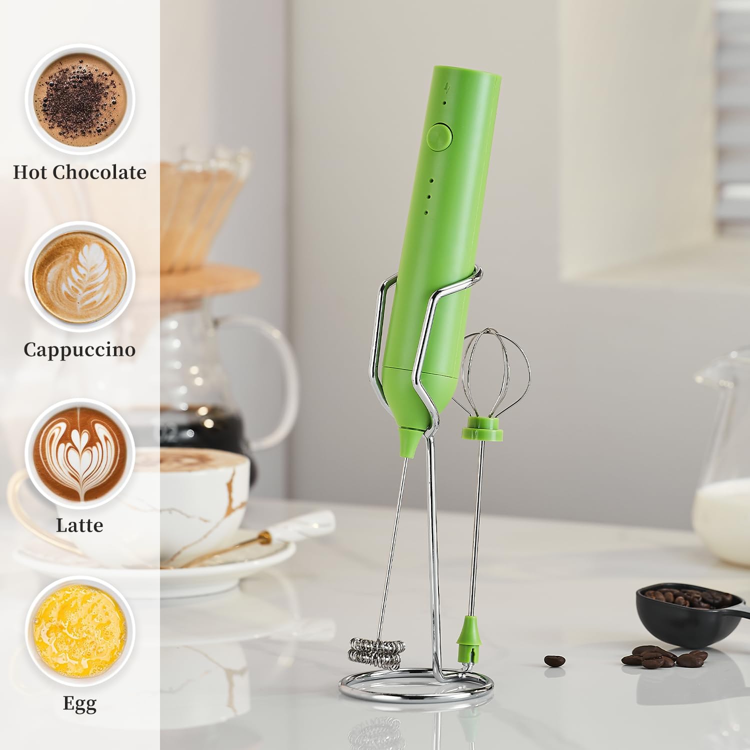 ELMWAY Rechargeable Milk Frother Set by ELMWAY, Electric Drink Blender with Wand and Egg Whisk, Foam Maker Mixer, Milk Frother Handled for Coffee, Latte, Matcha, Protein Powder (Green with Stand)