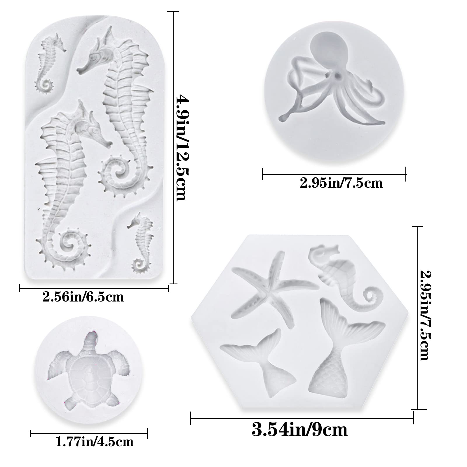 4 PCS Marine Theme Fondant Silicone Mold Hippocampus Turtle octopus Shape DIY Handmade Baking Tools, For Theme Cake Cookie Chocolate Candy Decoration Fondant Polymer Clay