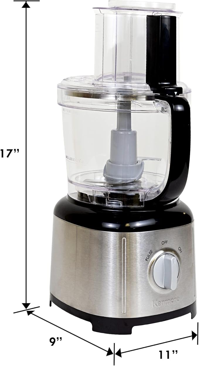 Kenmore Food Processor and Vegetable Chopper with Reversible Slicing/Shredding Disc, Chop, Slice, Shred, Mince, Grate, Puree, Stainless Steel, 11-Cup, 500W, Black and Silver