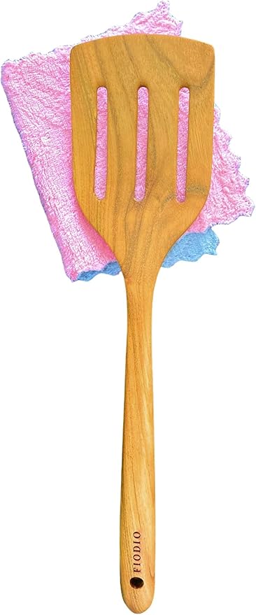 Fiodio Home Teak Wooden Spatula, Spoons & Slotted Turner for Cooking – Natural Non-Stick, Handcrafted Kitchen Utensils with Comfort Grip & Microfiber Cloth