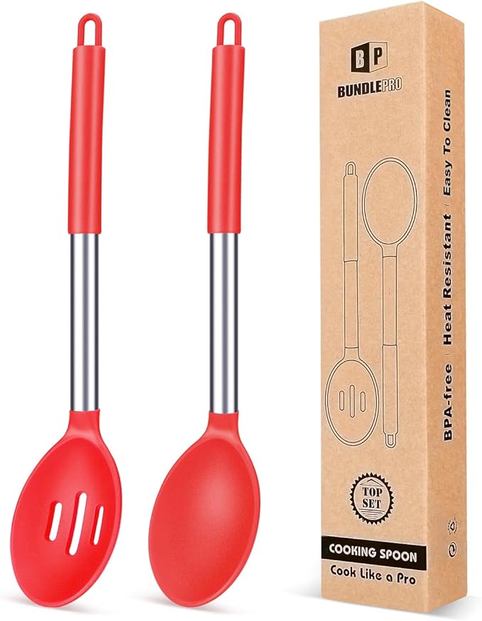 BUNDLEPRO Silicone Cooking Spoons for Non Stick Cookware, 2 Pack, RED