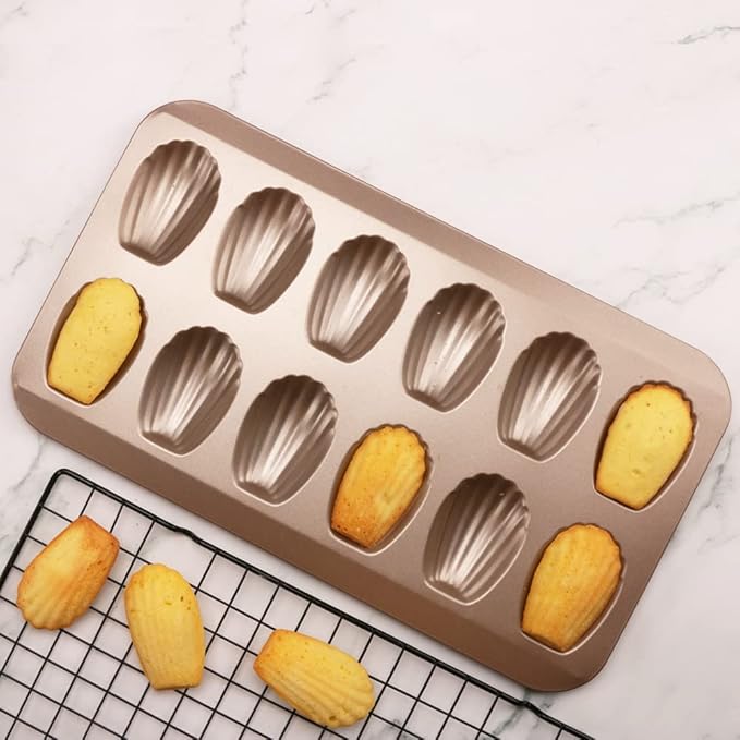 2 Pack Madeleine Pans for Baking, 12 Cavity Heavy Duty Shell Shape Baking Mold Nonstick Cookie Cake Pan for Oven（Gold）