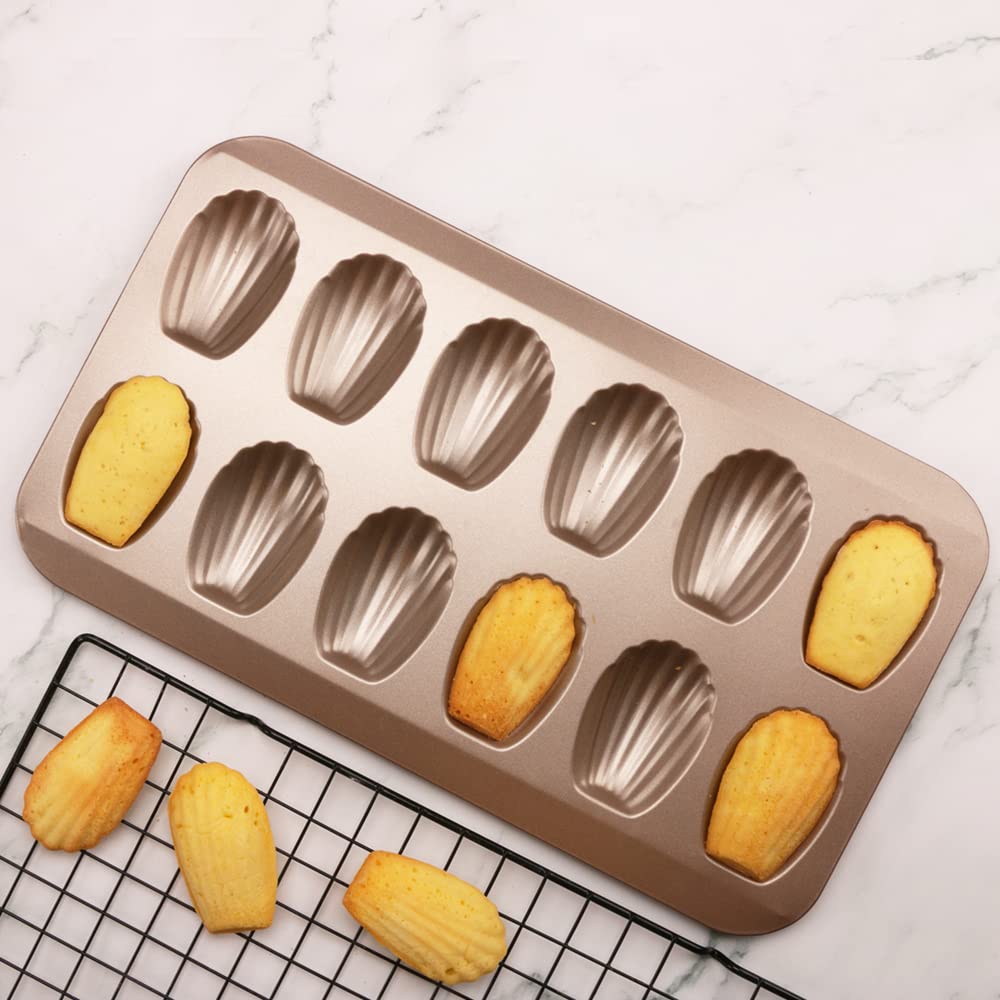 2 Pack Madeleine Pans for Baking, 12 Cavity Heavy Duty Shell Shape Baking Mold Nonstick Cookie Cake Pan for Oven（Gold）