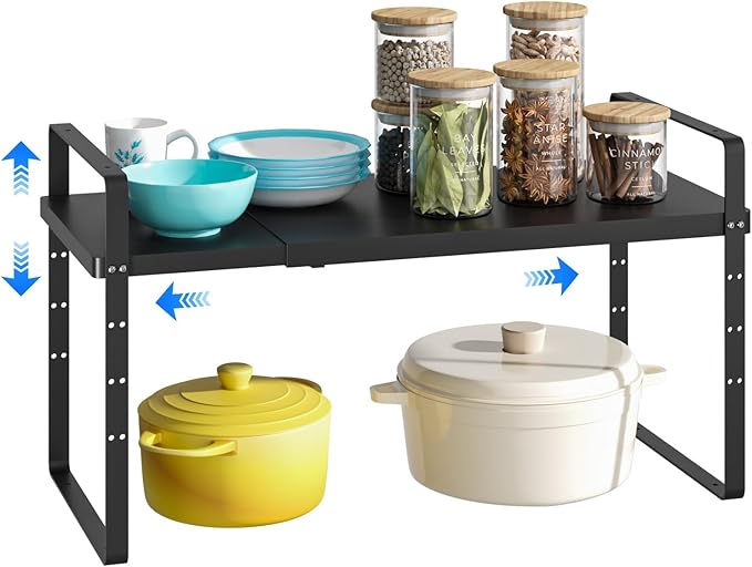 KIKIBRO Expandable Cabinet Shelf Organizer, Stackable Kitchen Pantry Counter Storage, Adjustable Closet Cupboard Stand Rack Risers Spice Organization 80LBS Heavy Duty Black Large 1 Pack
