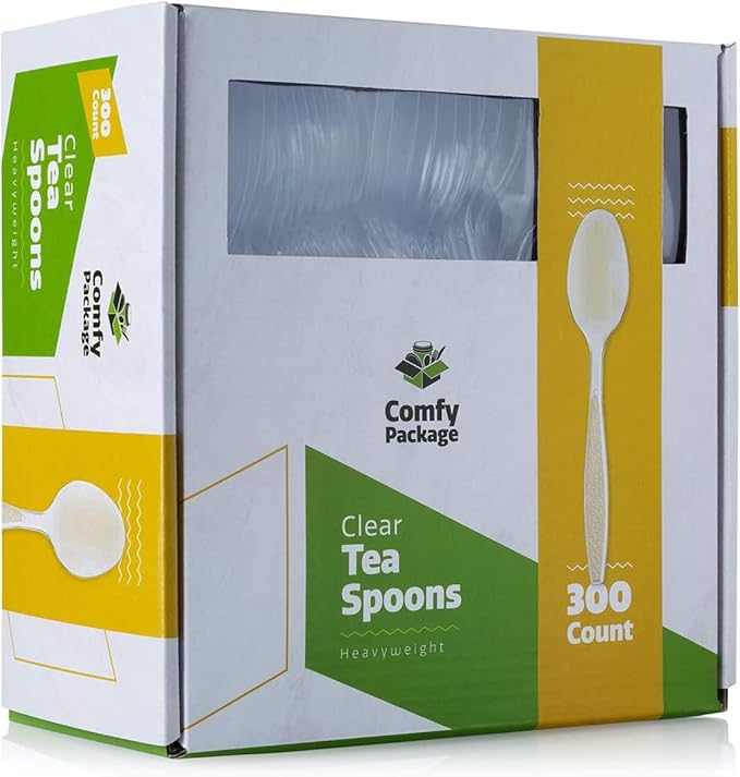 GUSTO [300 Pack] Heavyweight Clear Plastic Tea Spoons with Engraved Design - Disposable Sturdy Plastic Utensils for Parties, Weddings, and Events (Formerly Comfy Package)