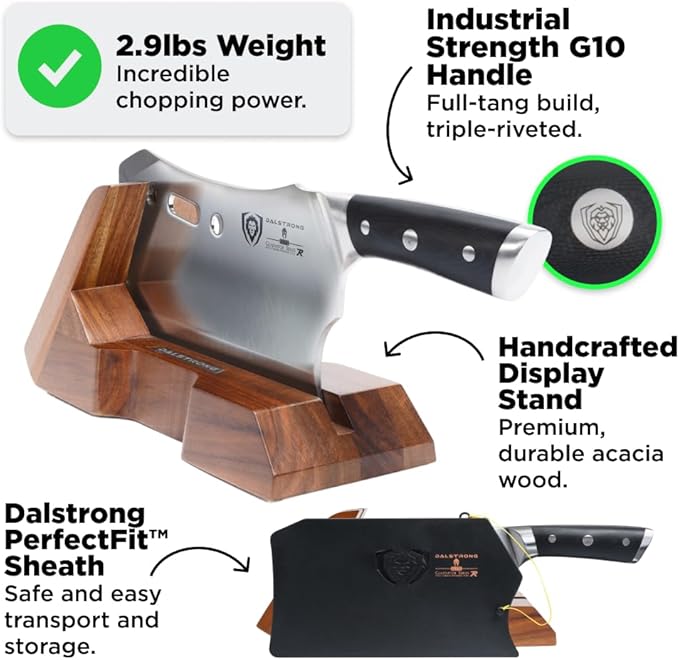 Dalstrong Obliterator 9" Meat Cleaver — 6mm Thick, 2.9 lbs, 7CR17MOV Carbon Steel (60 HRC), Full-Tang G-10 Handle — For BBQ Pitmasters, Home Butchering & Heavy Prep — Wood Stand Included