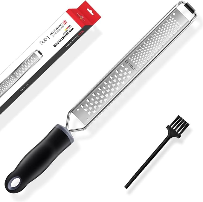 WAGENSTEIGER 2-in-1 Stainless SteelLong Cheese Grater Dual-Sided Fine & Coarse Blades Precision Zester for Lemon, Ginger, Cheese, Vegetables, Rust-Resistant, Ergonomic Handle (15.35" x 1.77")