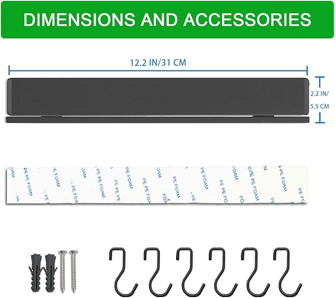YIIYIIN 12 Inch Magnetic Knife Strip, 6 Hooks, Black, No Drill