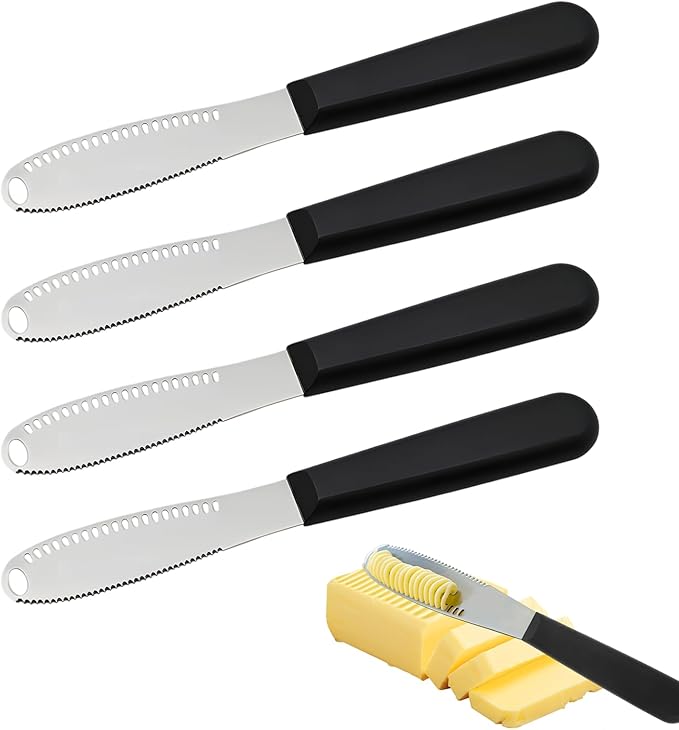 Creztail 4 Pcs Butter Knife Spreader with Holes, 3 in 1 butter knife, butter curler knife, Butter Grater with Ergonomic Handle, stainless steel butter spreader for Butter, Cheese, Jam