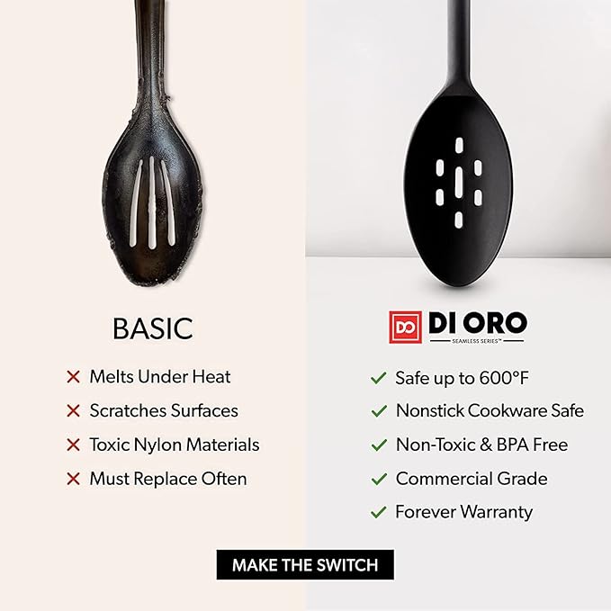 DI ORO Silicone Cooking Spoons - Solid & Slotted Set, 2-Pc Black
