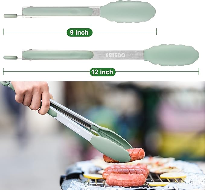 EEKEDO Tongs for Cooking, Stainless Steel Kitchen Tongs with Silicone Tips