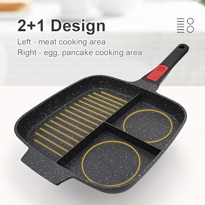 3 Section Grill Pan for Stove Tops with Detachable Handle, Nonstick Versatile Griddle Pan with Lid, Square Skillet PFOA Free, Black