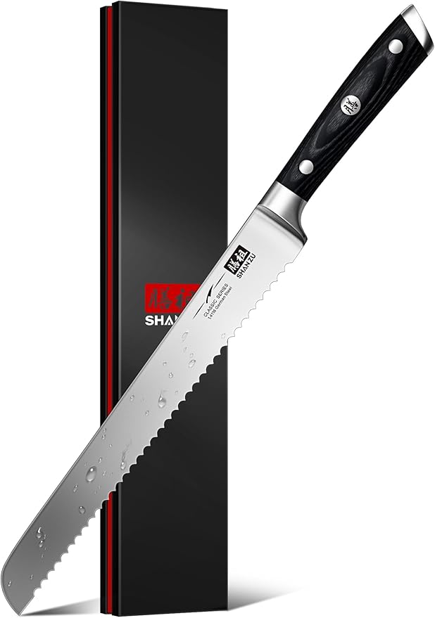 SHAN ZU 10-Inch Serrated Bread & Sourdough Knife with Wood Handle
