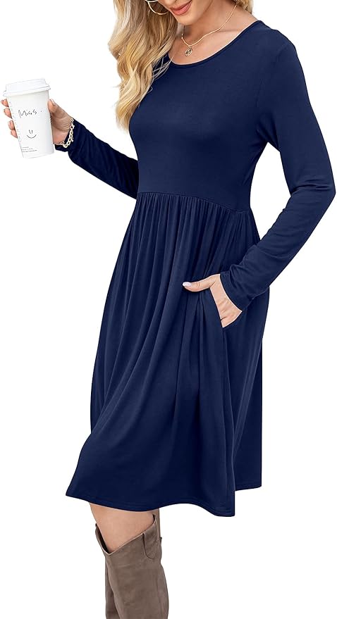 DB MOON Women Casual Long Sleeve Dresses Empire Waist Loose Dress with Pockets (Navy Blue, 2XL)